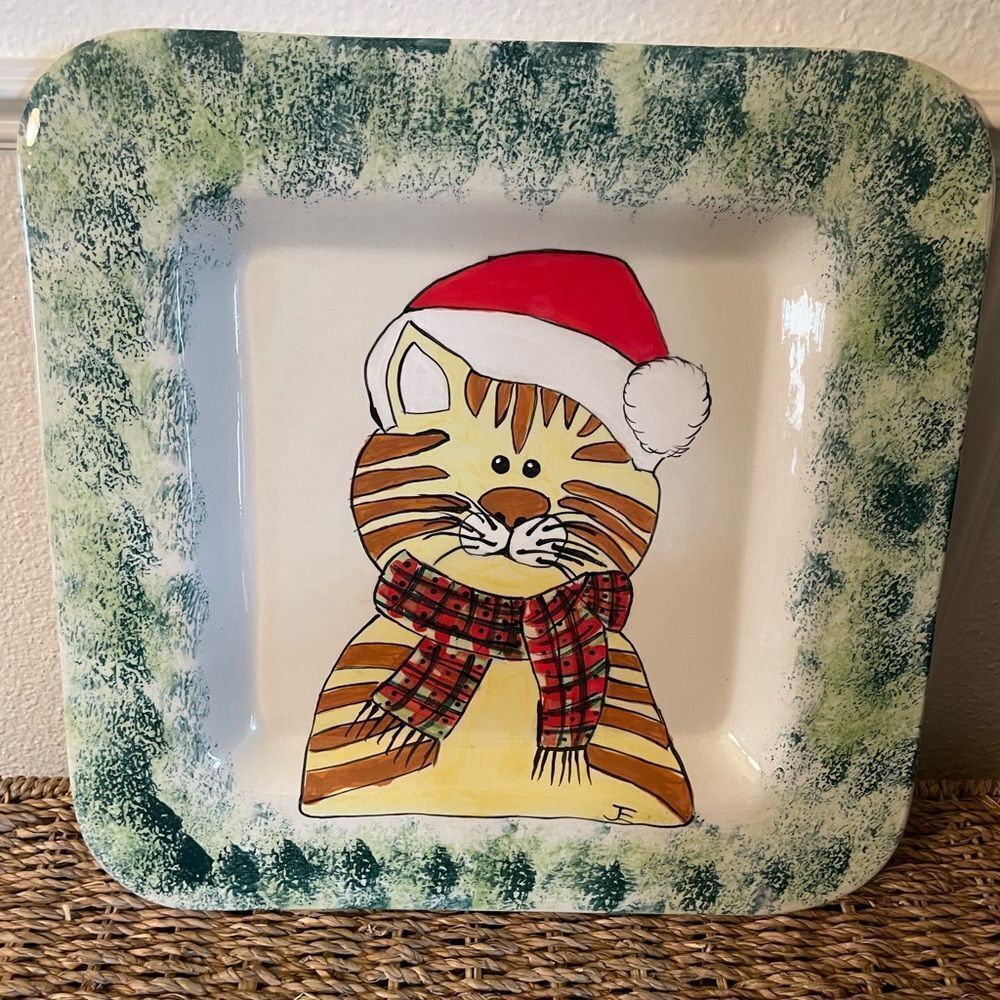 Ceramic Large Vintage Orange Cat Santa Serving Platter 13x13!